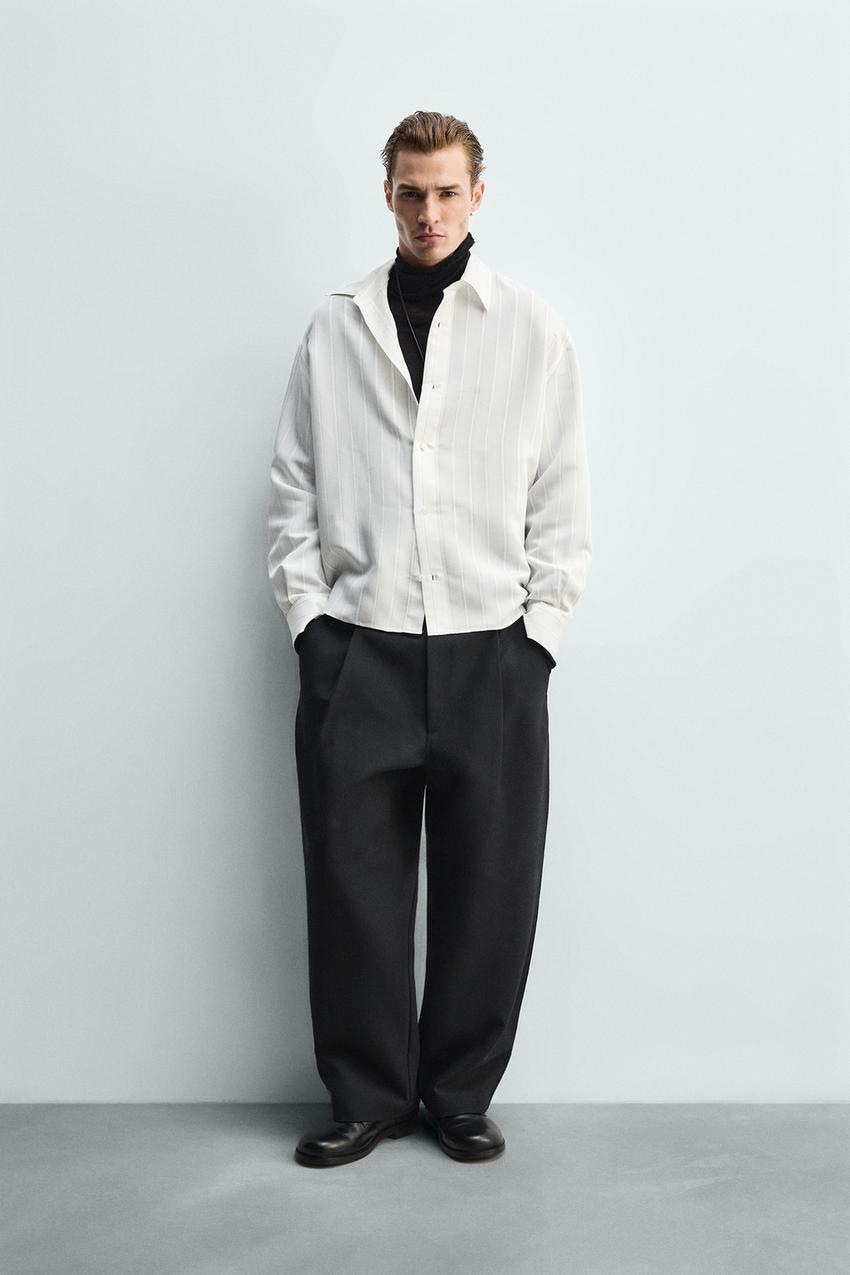 Zara - Flowy Striped Shirt - White - Xl - Man Zara - Flowy Striped Shirt - White - Xl - Man