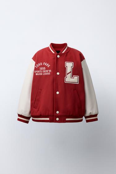 BOMBER JACKET WITH LEATHER EFFECT SLEEVES AND PATCHES - Red by Zara