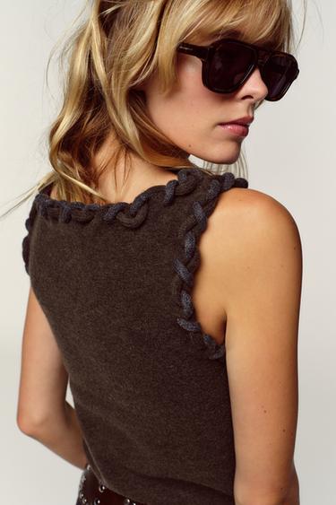 INTERWOVEN TRIM KNIT TOP - Brown by Zara - Image 4