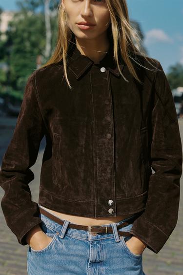 Zara 100% LEATHER SHORT JACKET - Dark brown