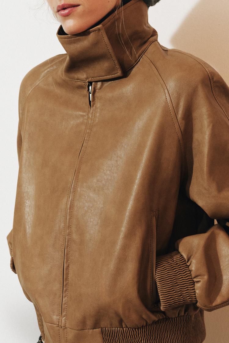 FAUX LEATHER JACKET ZW COLLECTION — Mid-camel