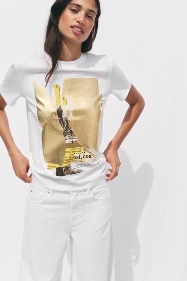 T-SHIRT WITH METALLIC PRINT - Golden by Zara - Image 1