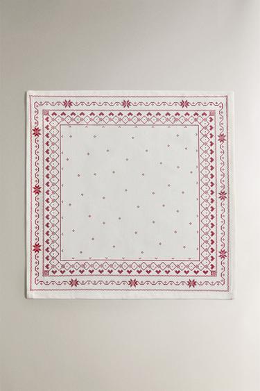 PACK OF EMBROIDERED CHRISTMAS COTTON NAPKINS (PACK OF 2) - Red / White by Zara - Image 1