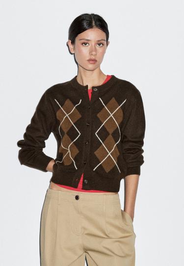 Cardigan motif losanges - Marron de Zara