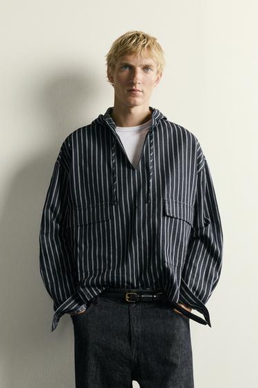 STRIPED COTTON-LINEN HOODED OVERSHIRT - Blue by Zara