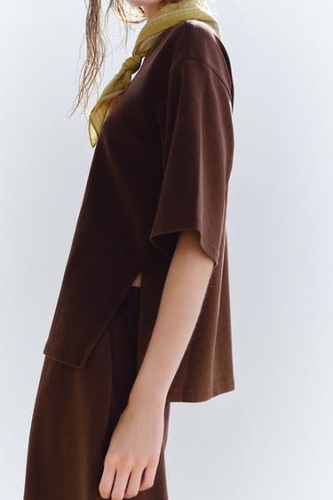 WASHED EFFECT INTERLOCK T-SHIRT - Dark brown by Zara