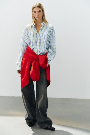OVERSIZE CHECK POPLIN SHIRT - White / Green by Zara