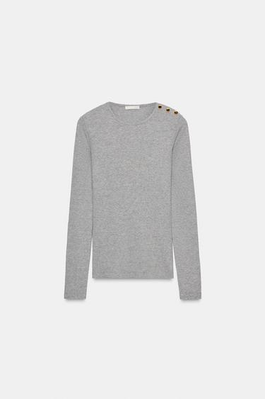 Zara RIBBED BUTTON T-SHIRT - Gray marl