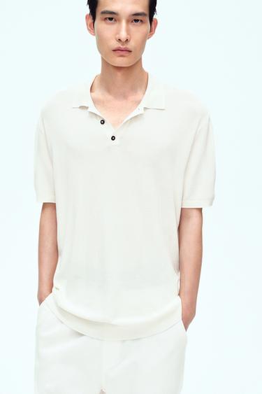 Zara 人造絲混紡針織POLO衫 - 磨白色