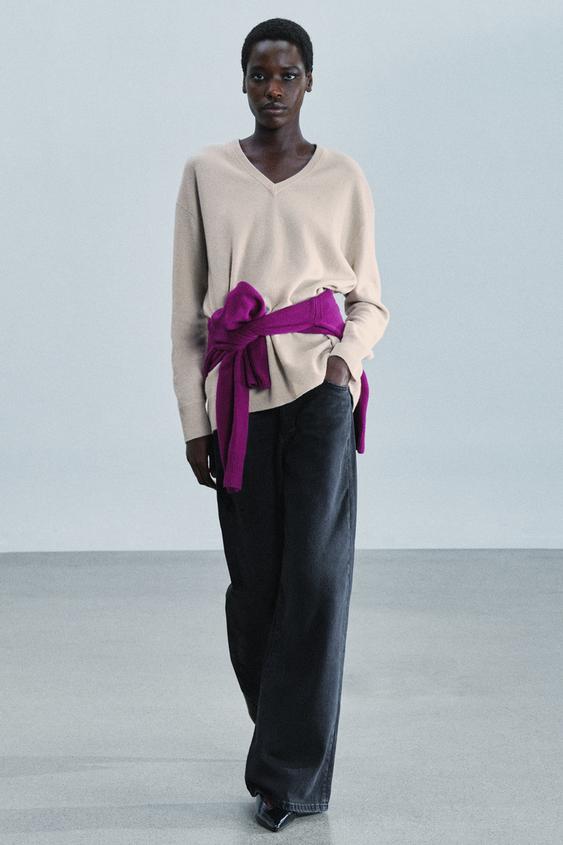 OVERSIZED 100% WOOL V-NECK JUMPER - Pearl grey by Zara - Image 0