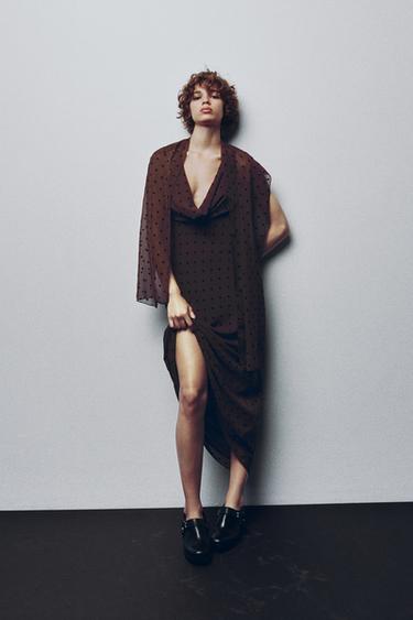 LANGES KLEID MIT TÜPFELMUSTER UND FOULARD - Braun von Zara - Bild 0