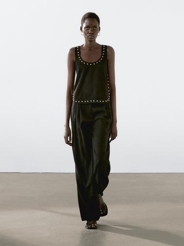 Pantalon droit lin à pinces - Noir de Zara
