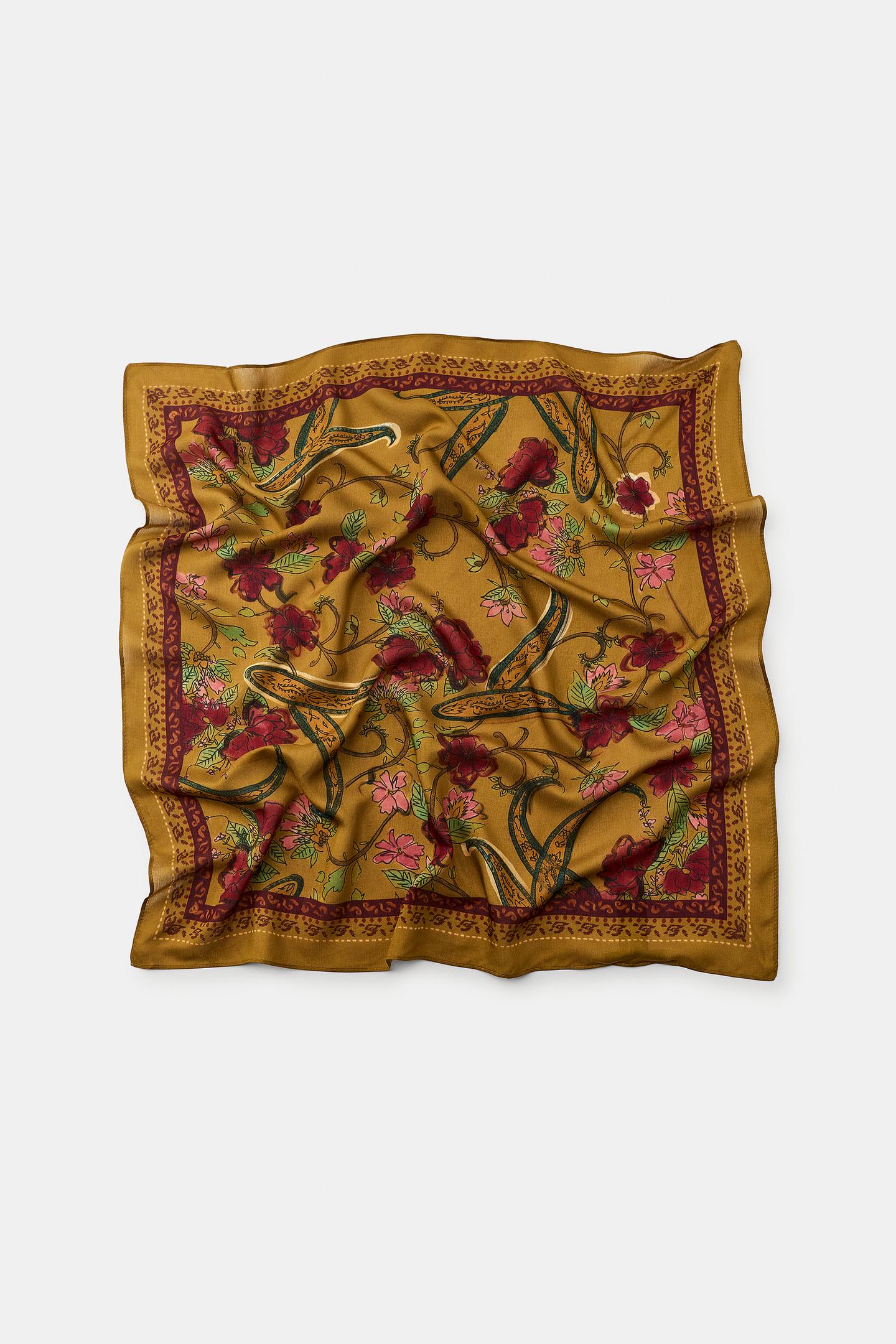 Женский шарф Zara Floral Print Viscose Silk Blend, цвет: Хаки — фото 3
