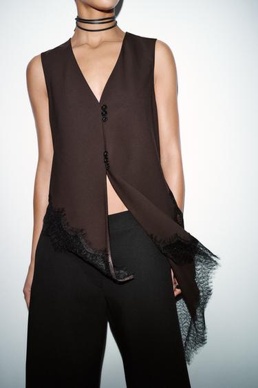 Zara ASYMMETRIC LACE TOP - Brown