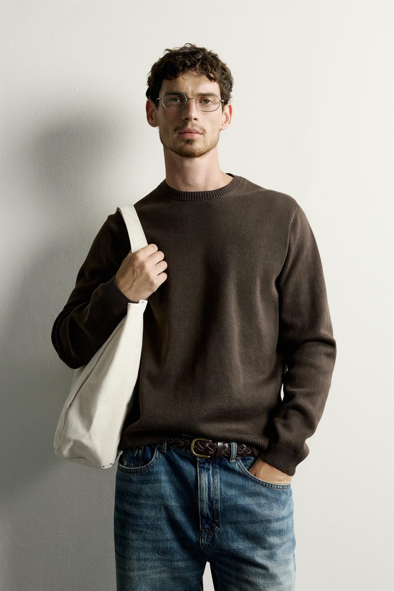 COTTON TEXTURE SWEATER — Chocolate