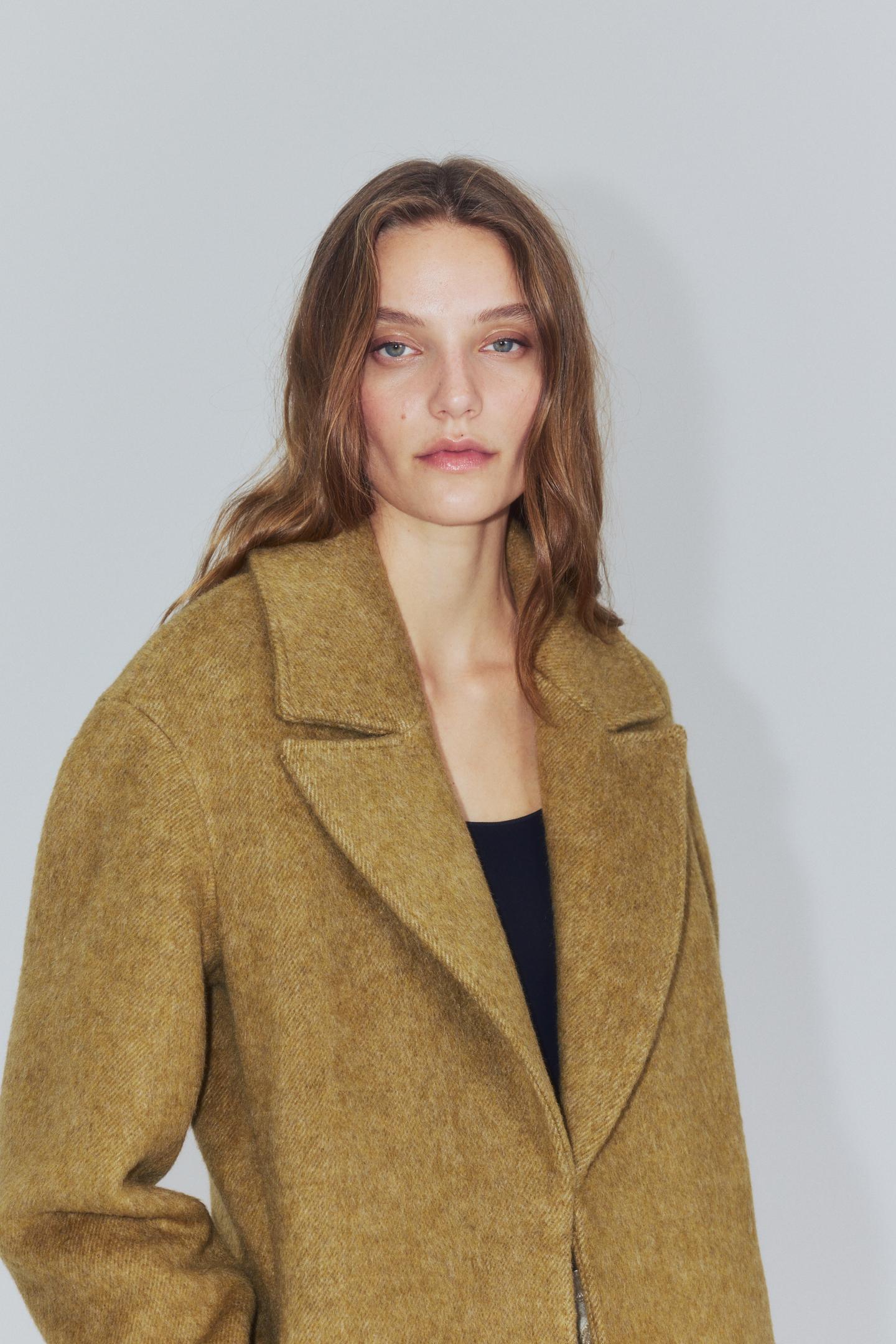 Женское пальто Zara ZW Collection Long Wool Blend, цвет: Горчичный — фото 2