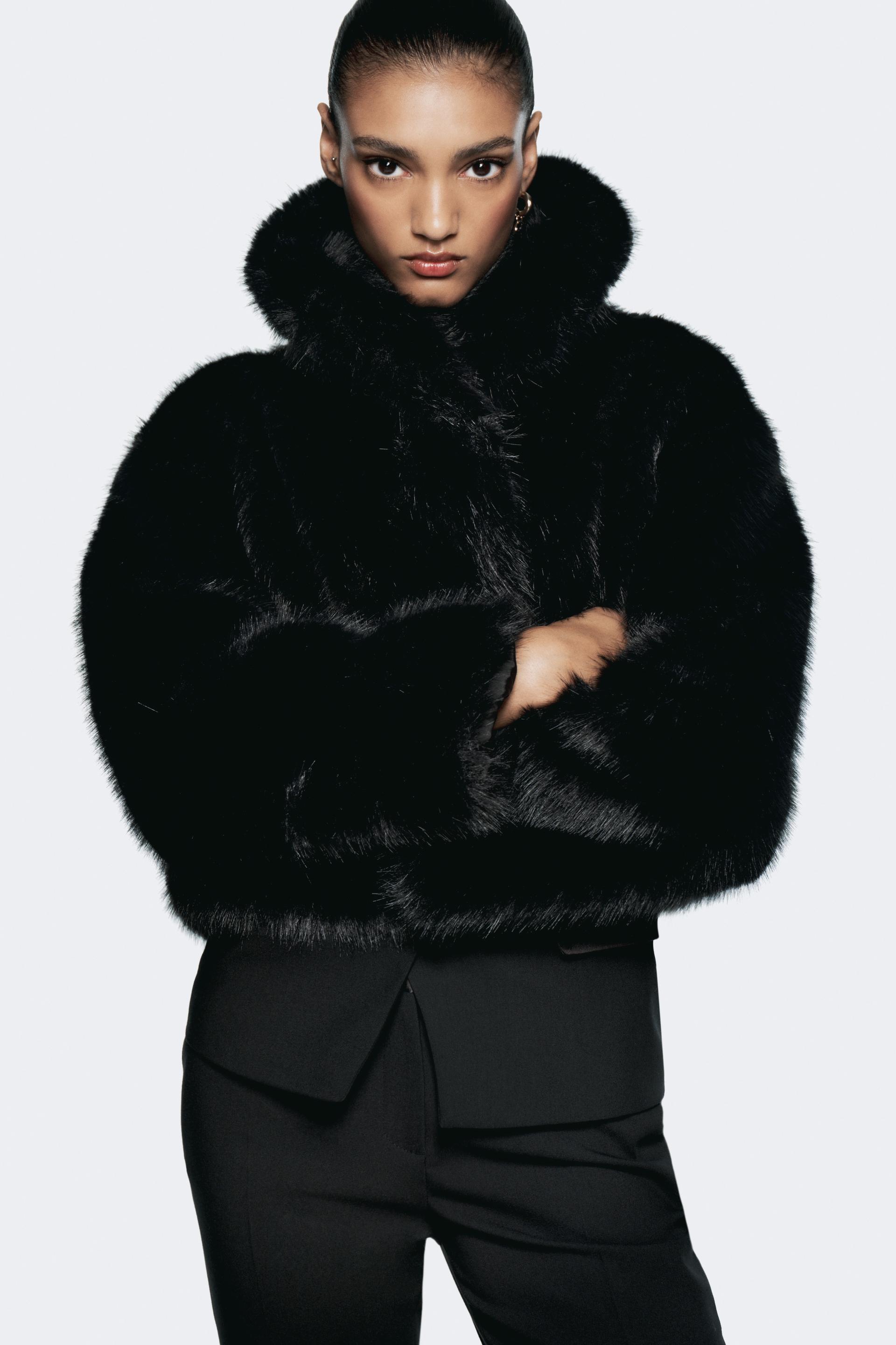 Faux fur jacket black zara best sale