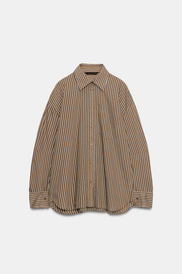 CAMISA OVERSIZE COM BOLSO E RISCAS - Castanho-Azul da Zara