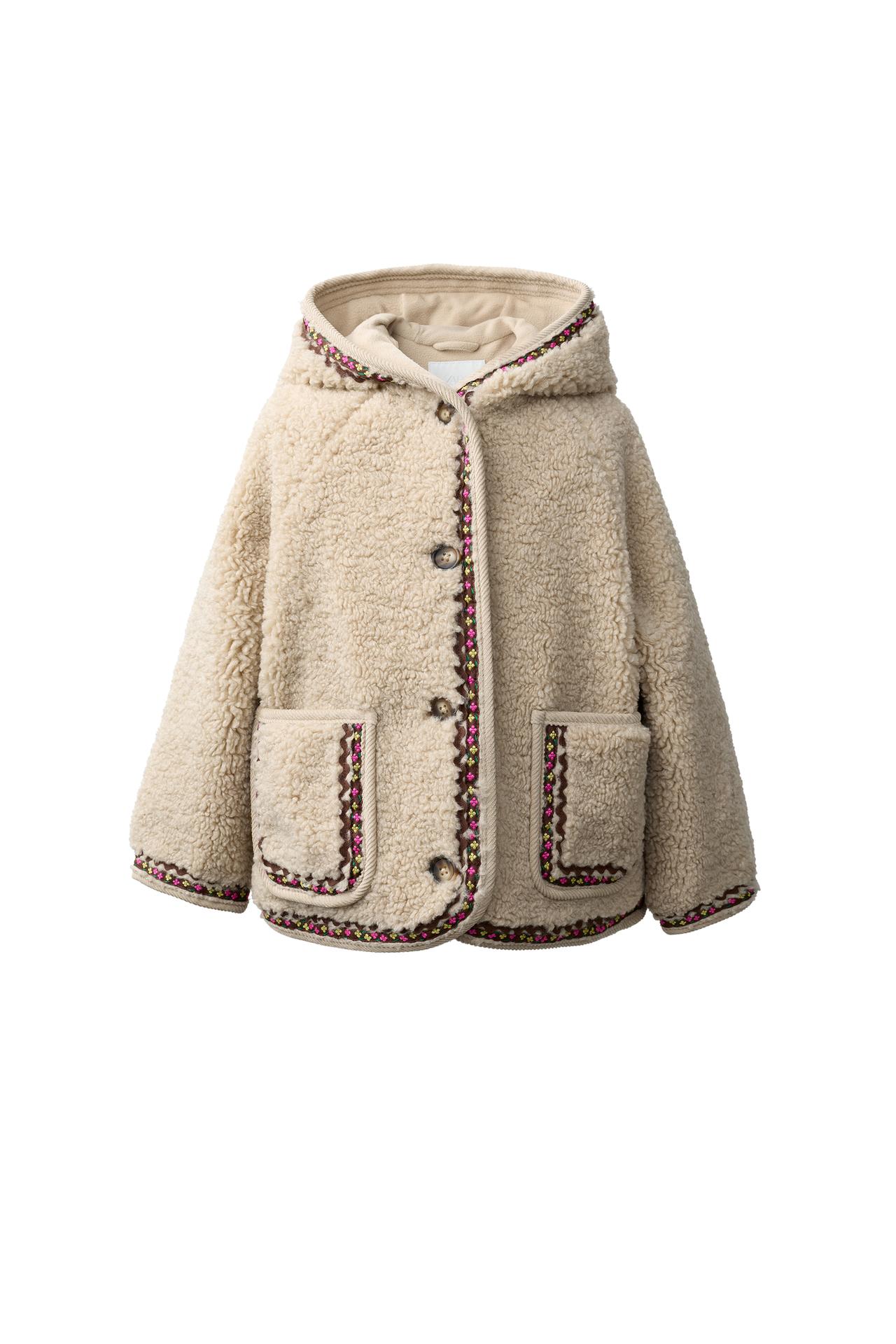 FAUX SHEARLING JACKET WITH HOODIE AND RIC-RAC TRIM