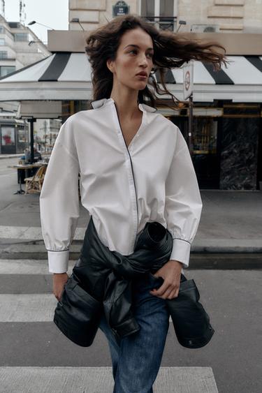 قميص بوبلين ببييهات متباينة - أبيض / أسود الخاص بـ Zara