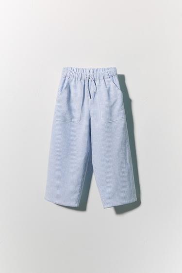 PANTALÓN BAGGY CON ALGODÓN Y LINO - Azul / Blanco de Zara