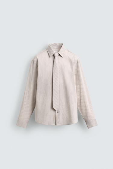 CHEMISE À RAYURES AVEC CRAVATE BIMATIÈRE - Sable de Zara