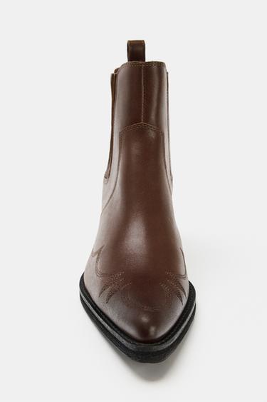 BOTTINES COW-BOY EN CUIR BRODÉES - Marron de Zara - Image 3