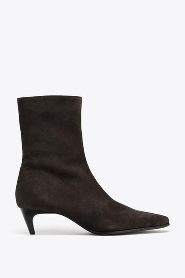SPLIT SUEDE KITTEN HEEL ANKLE BOOTS - Chocolate Brown by Zara - Image 1