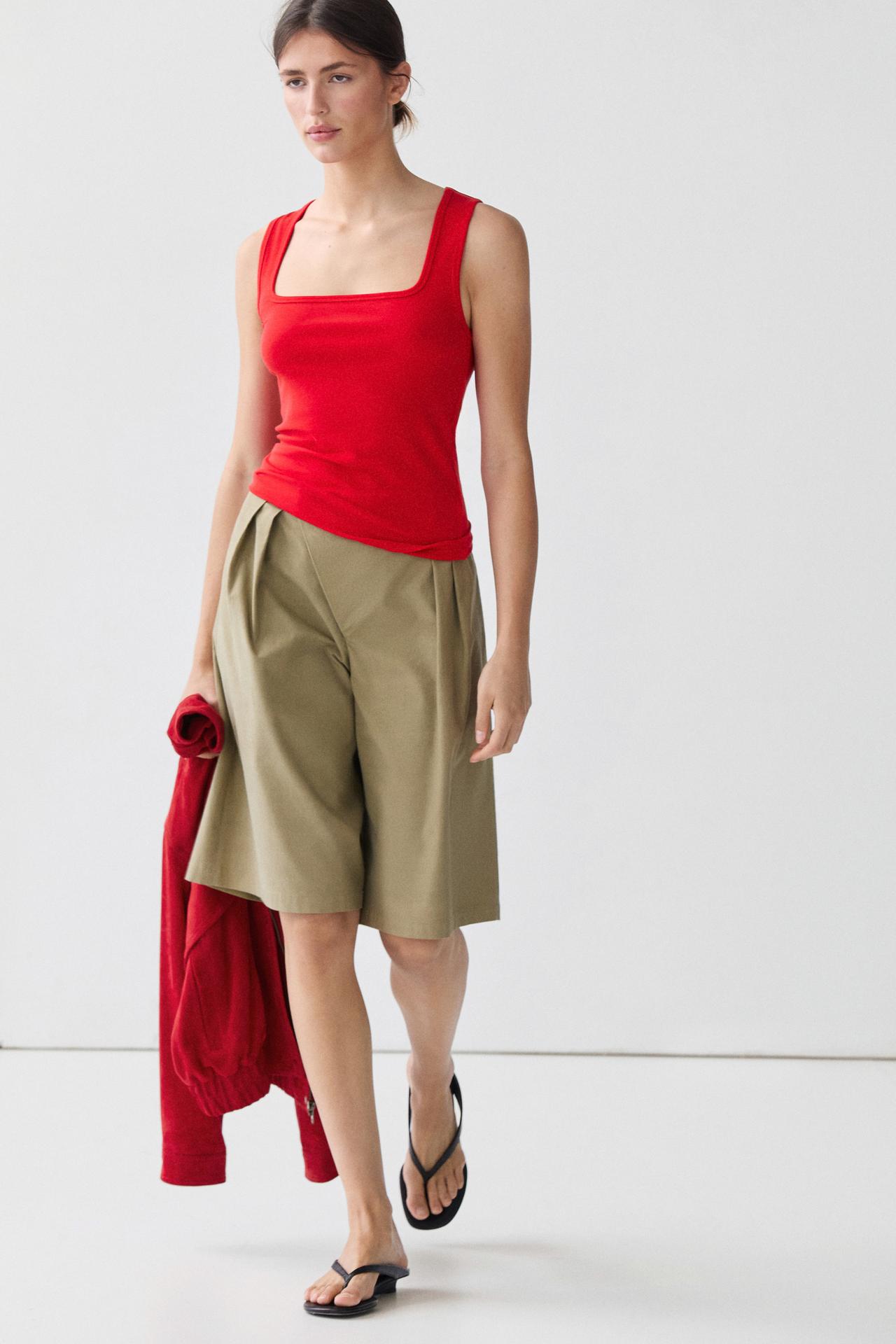 Cotton blend square neck top — Red