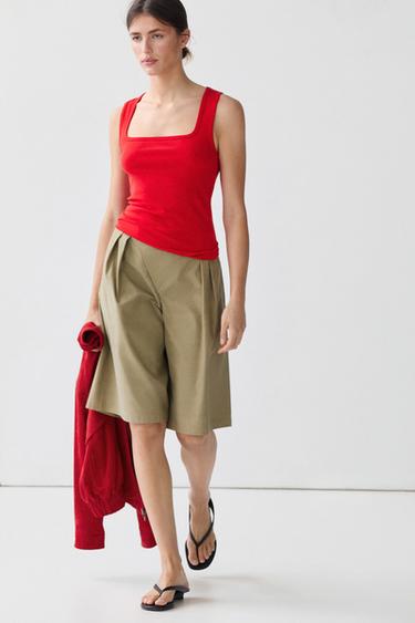 Cotton blend square neck top — Red 2