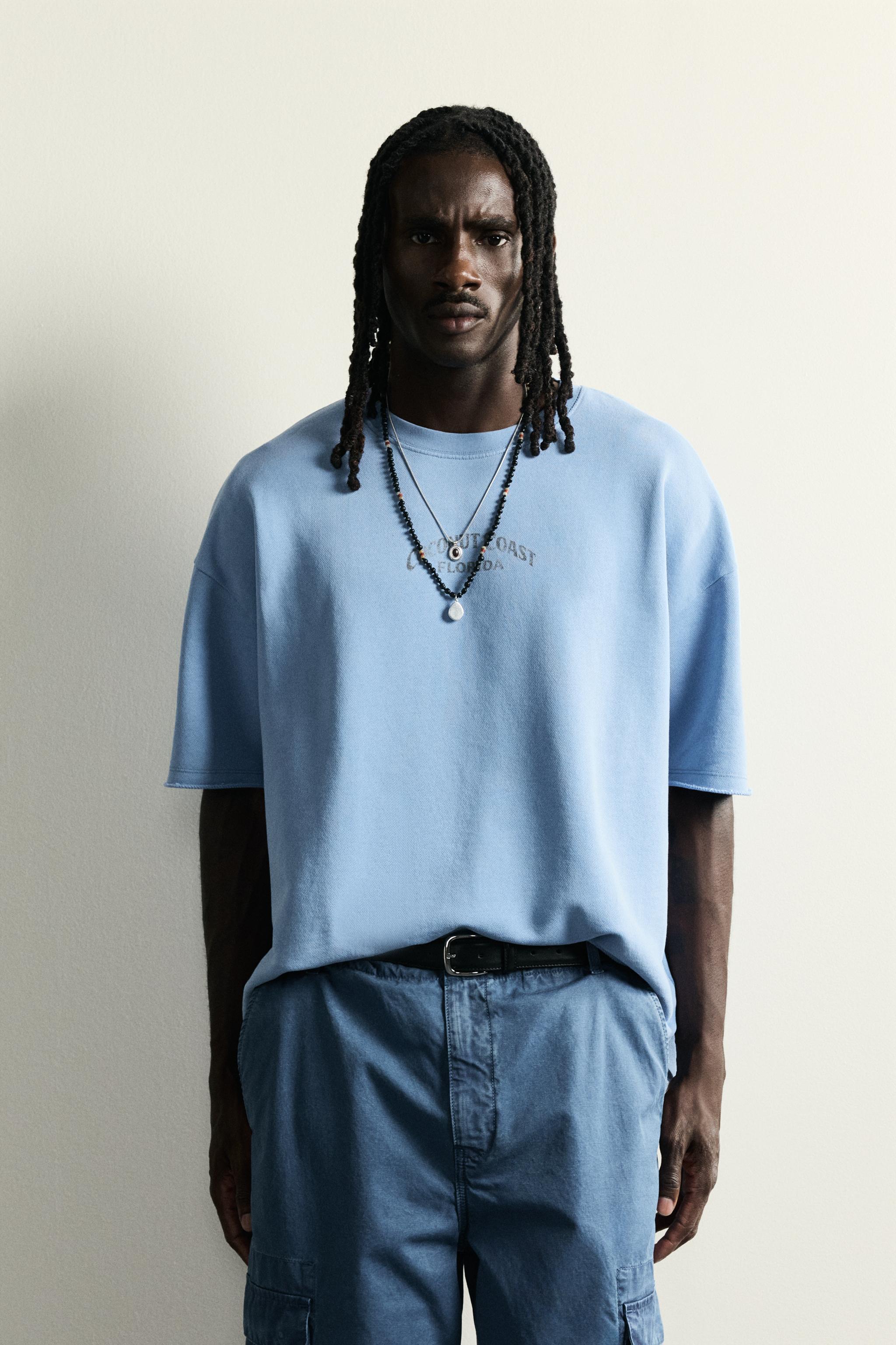 ウォッシュドコントラストプリントスウェットシャツ - 空色 | ZARA