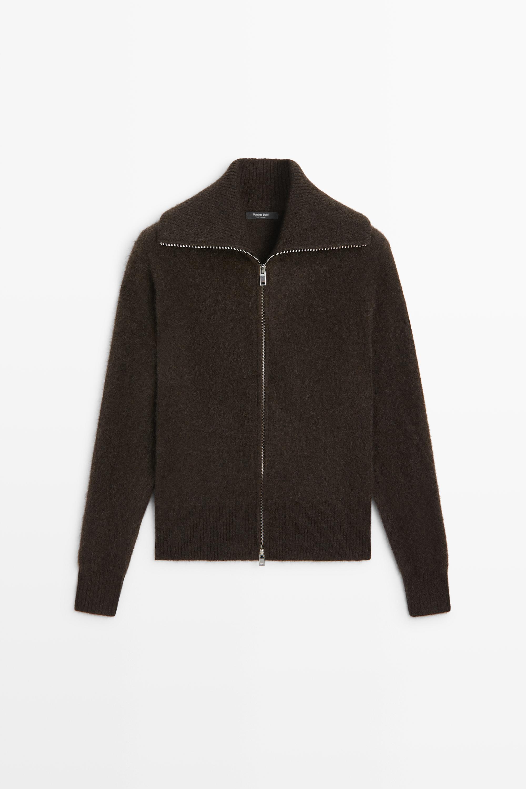 Brushed high-neck knit cardigan