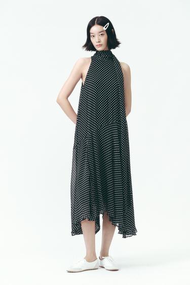 Zara ZW COLLECTION 波卡圓點繞頸連身裙 - 黑色 / 白色