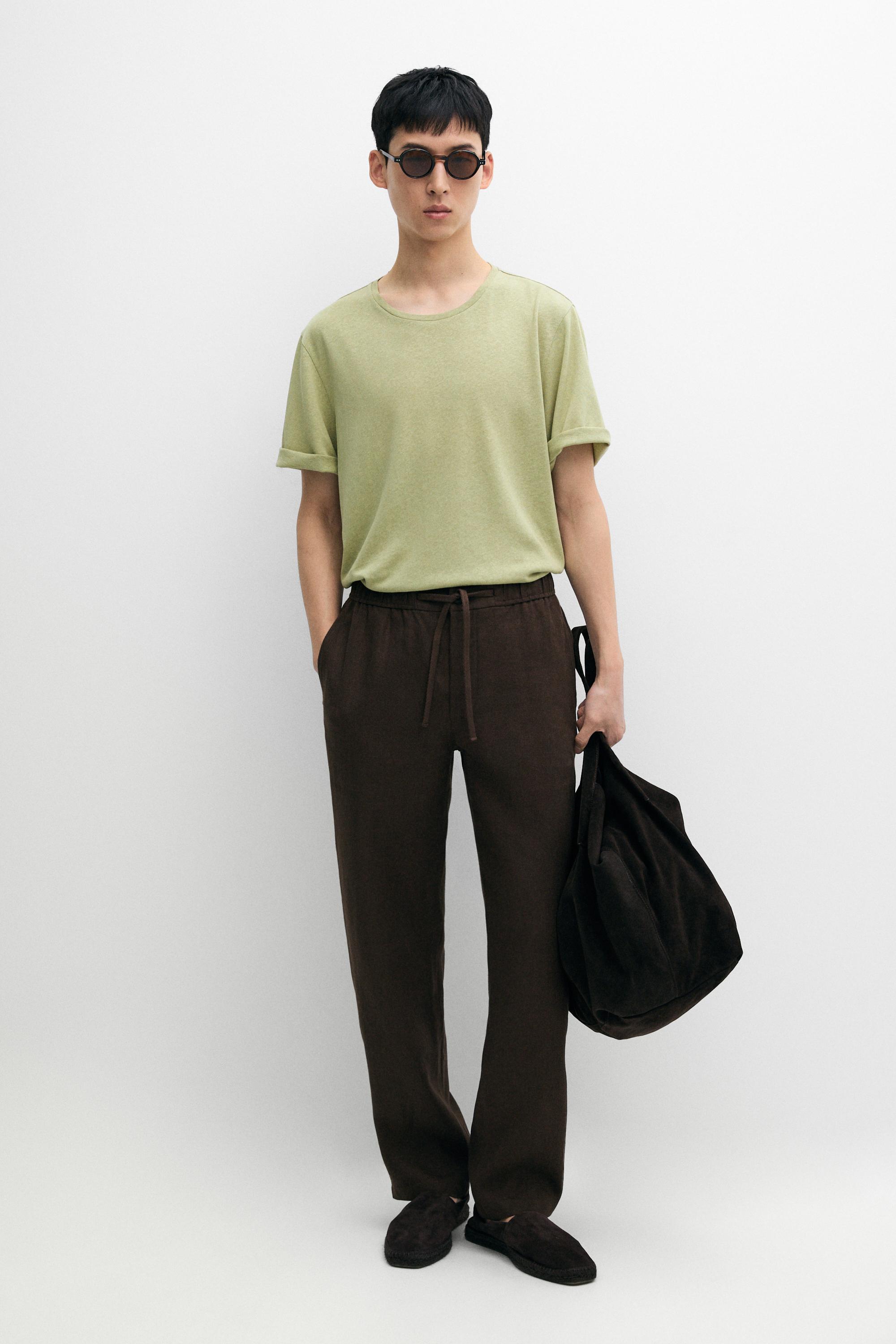 Short sleeve linen and cotton T-shirt — Mid-green
