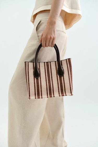 Zara STRIPED PRINT CANVAS BAG - Brown
