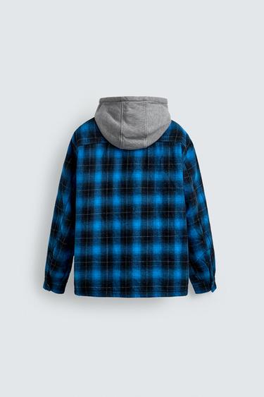 SURCHEMISE À CARREAUX AVEC CAPUCHE EN CONTRASTE - Bleu de Zara - Image 7