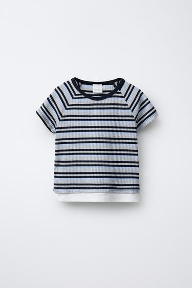 Zara STRIPED DOUBLE HEM T-SHIRT - Blue