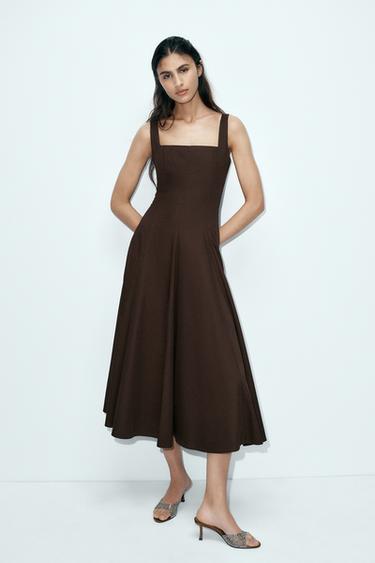 ROBE MI-LONGUE EN POPELINE À GODETS - Marron foncé de Zara