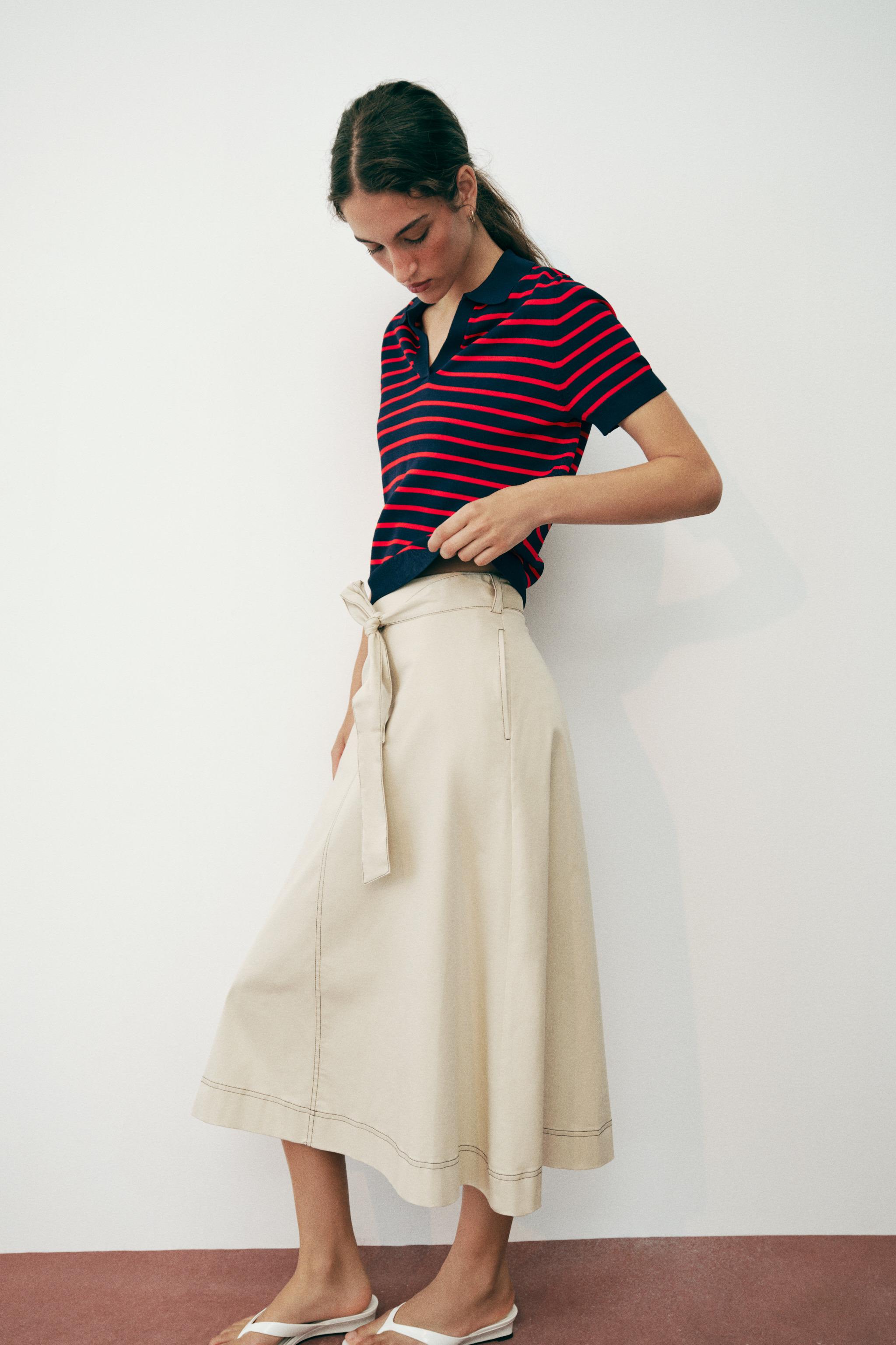 CONTRAST STITCH BELTED SKIRT — Beige
