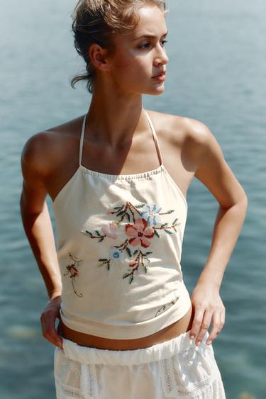 FLORAL EMBROIDERED HALTER TOP - Ecru by Zara - Image 0
