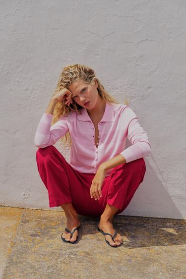 CASACO DE MALHA ÀS RISCAS - Rosa-lavado da Zara