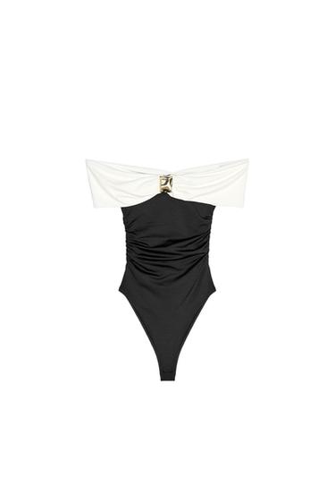 POLYAMIDE BANDEAU BODYSUIT - Black / White by Zara - Image 0