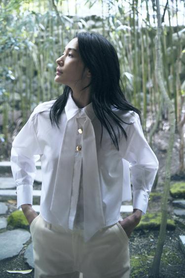 SHORT TIE POPLIN SHIRT - White by Zara