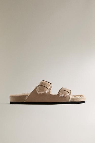 WARM SPLIT LEATHER DOUBLE-BUCKLE SANDALS - Ecru White by Zara