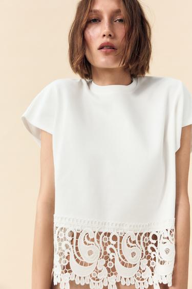 GUIPURE COMBINATION T-SHIRT - Oyster-white by Zara