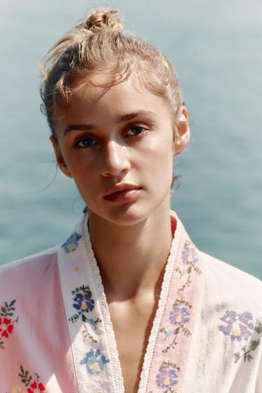 COTTON KAFTAN WITH FLORAL EMBROIDERY - Pink by Zara - Image 3