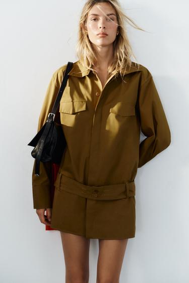 Zara HIGH-NECK BELTED MINI DRESS - Khaki