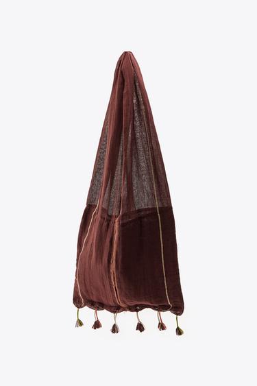 FRINGED LINEN BLEND SCARF BAG - Brown by Zara - Image 3