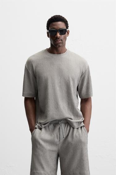 Zara TEXTURED JACQUARD T-SHIRT - Gray