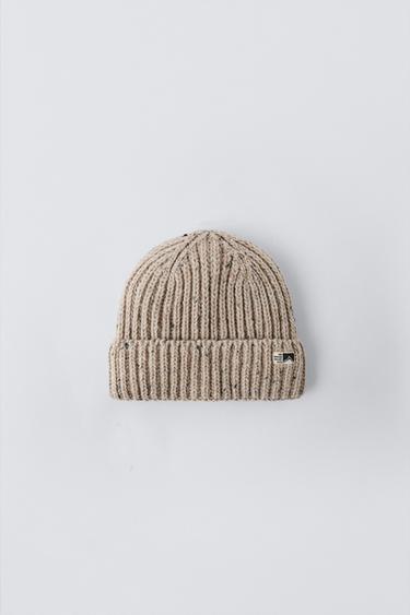 Zara FLECKED KNIT HAT WITH LABEL - taupe brown
